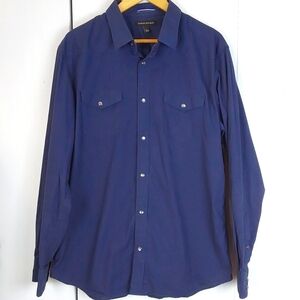 Banana Republic Mens Blue/Black Check Western Pearl Snap Dress Shirt Sz.L